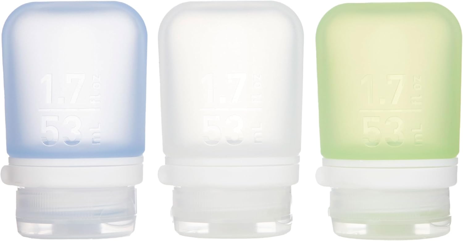 humangear GoToob+ 3-Pack (Small) | Refillable Silicone Travel Bottle | Locking Lid | Food-Safe Material. Clear/Green/Blue. Small (1.7 fl.oz; 53ml)