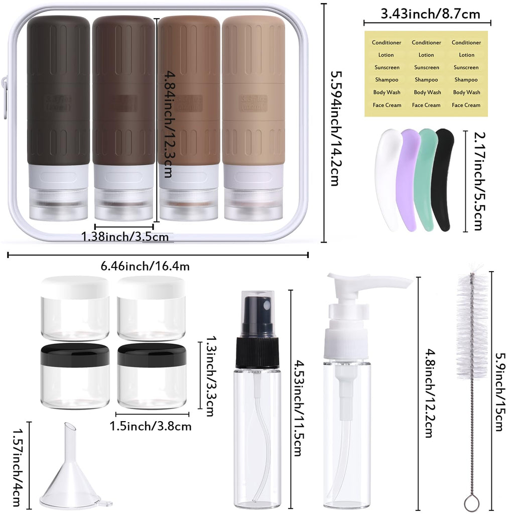 GLAMFIELDS Travel Bottles for Toiletries.TSA Approved 3.3oz Size LeakProof Silicone Toiletry Containers for Shampoo. Conditioner.Easy to Squeeze .Portable Travel Essentials for Lotion(18 Pack) Coffee