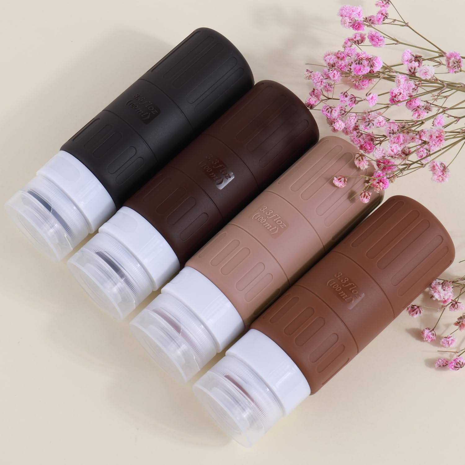 GLAMFIELDS Travel Bottles for Toiletries.TSA Approved 3.3oz Size LeakProof Silicone Toiletry Containers for Shampoo. Conditioner.Easy to Squeeze .Portable Travel Essentials for Lotion(18 Pack) Coffee