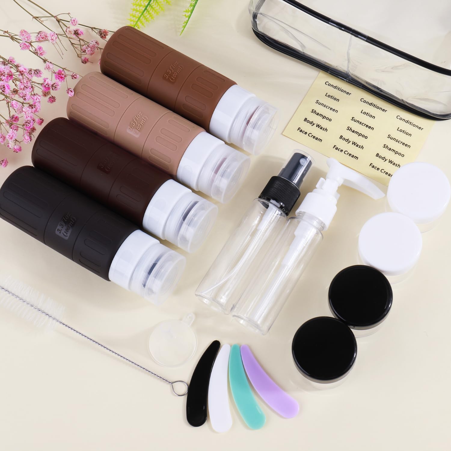 GLAMFIELDS Travel Bottles for Toiletries.TSA Approved 3.3oz Size LeakProof Silicone Toiletry Containers for Shampoo. Conditioner.Easy to Squeeze .Portable Travel Essentials for Lotion(18 Pack) Coffee